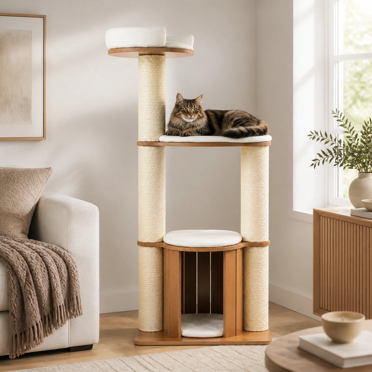 Grand arbre à chat bois Robustia de 135 cm dans un salon avec un grand chat couché sur la plateforme centrale