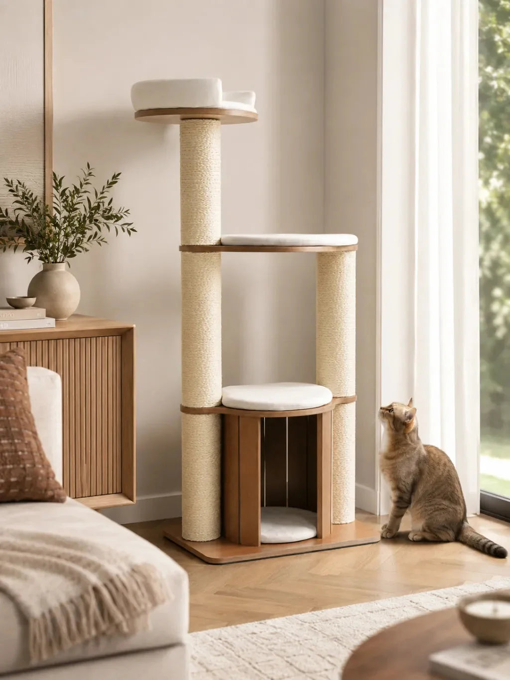 Grand arbre à chat bois Robustia installé dans un salon avec un chat près de la niche et des plateformes