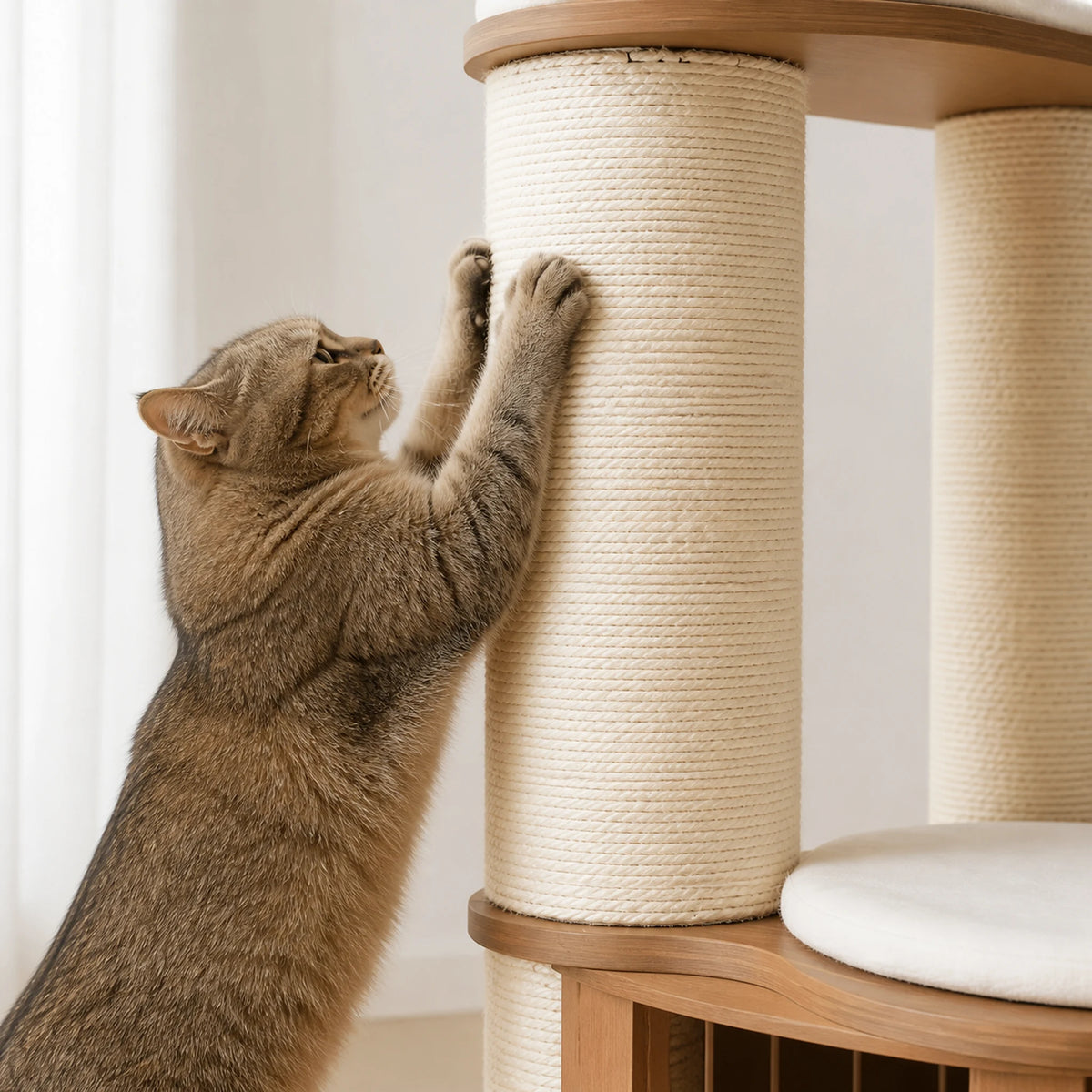 Chat faisant ses griffes sur un poteau XXL en sisal de 12 cm du grand arbre à chat bois Robustia