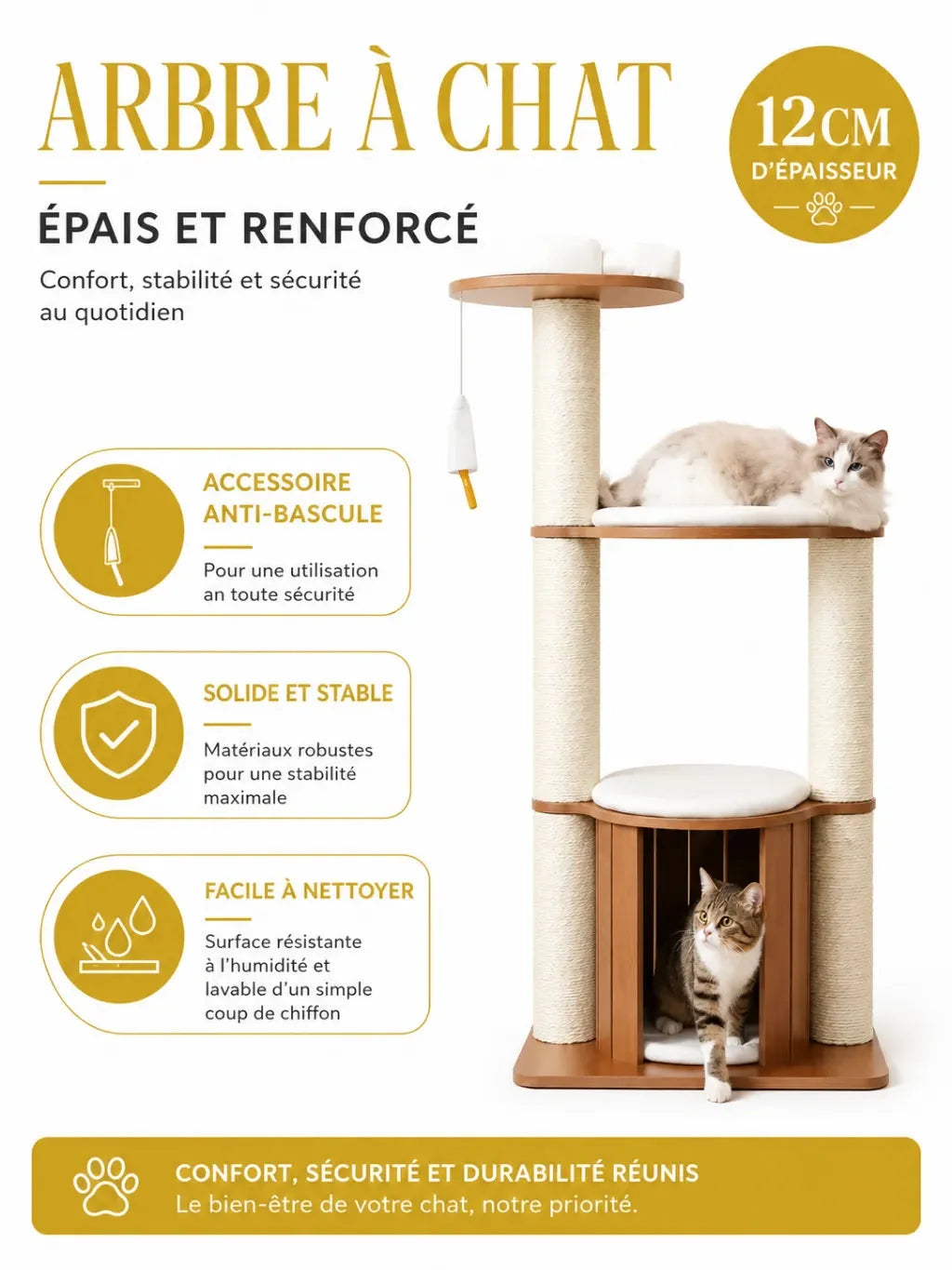 Poteaux XXL de 12 cm et dispositif anti-bascule du grand arbre à chat bois Robustia