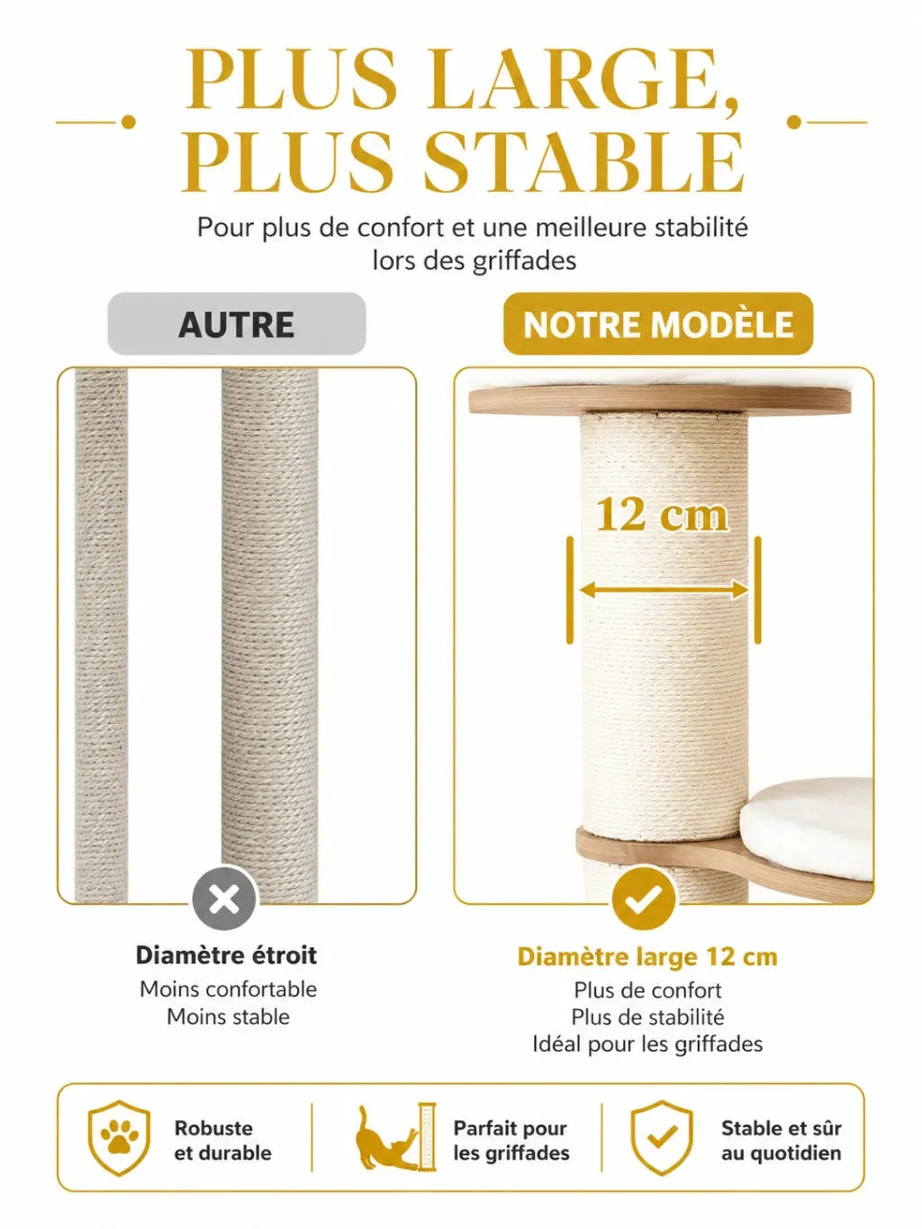 Comparaison du diamètre de 12 cm des poteaux XXL du grand arbre à chat bois Robustia