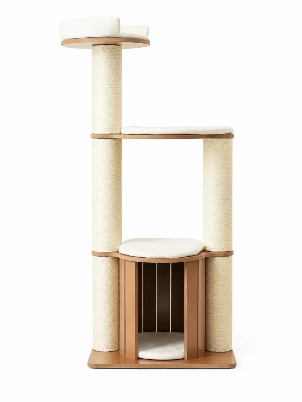 Grand arbre à chat bois Robustia de 135 cm avec niche, trois plateformes et poteaux XXL de 12 cm