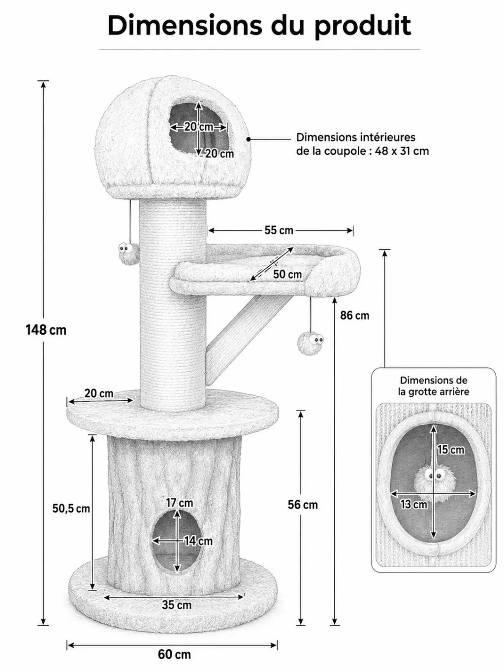 Dimensions du grand arbre à chat champignon vert Sylvaflore 148 cm avec base large