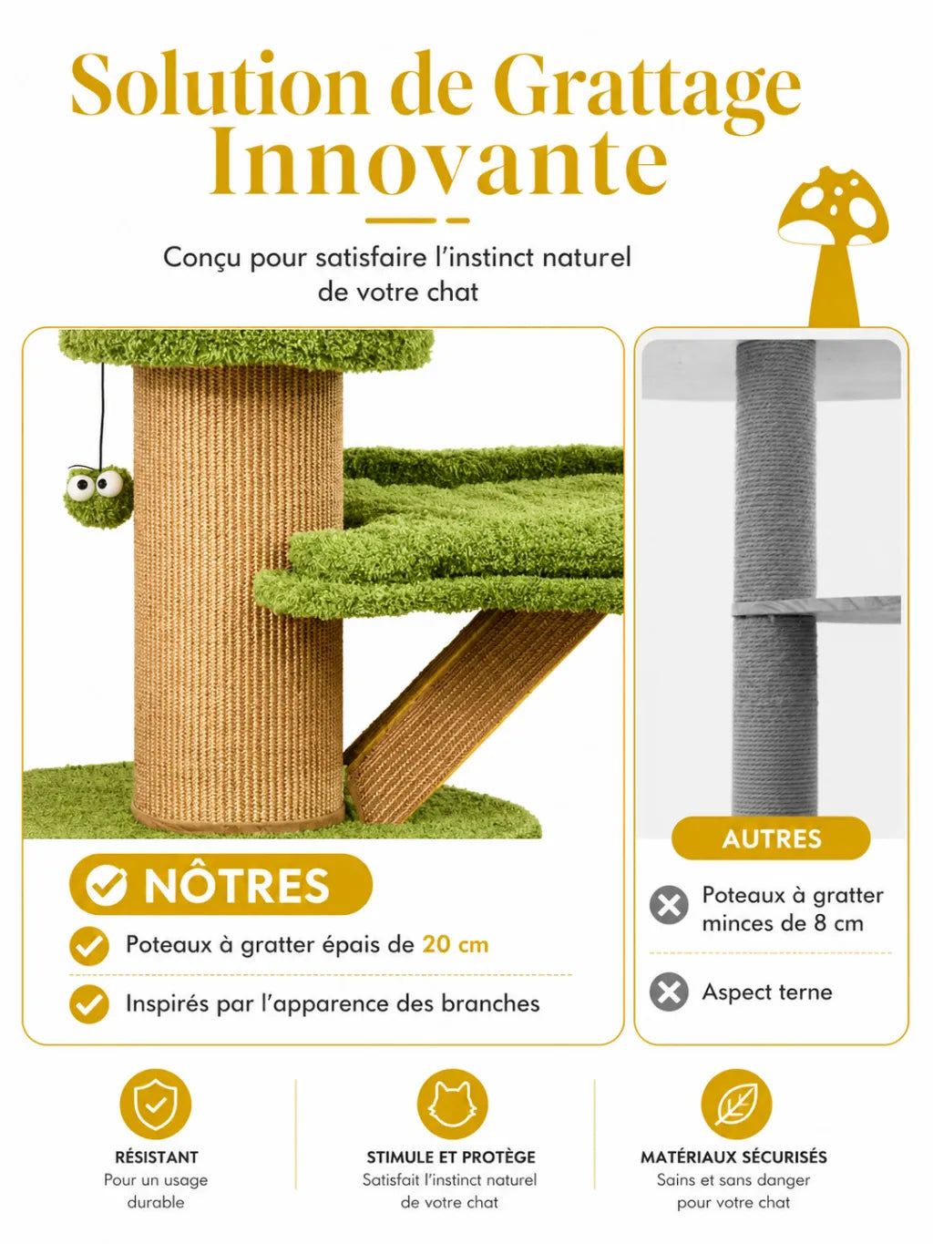Griffoir sisal du grand arbre à chat champignon vert Sylvaflore pour entretenir les griffes