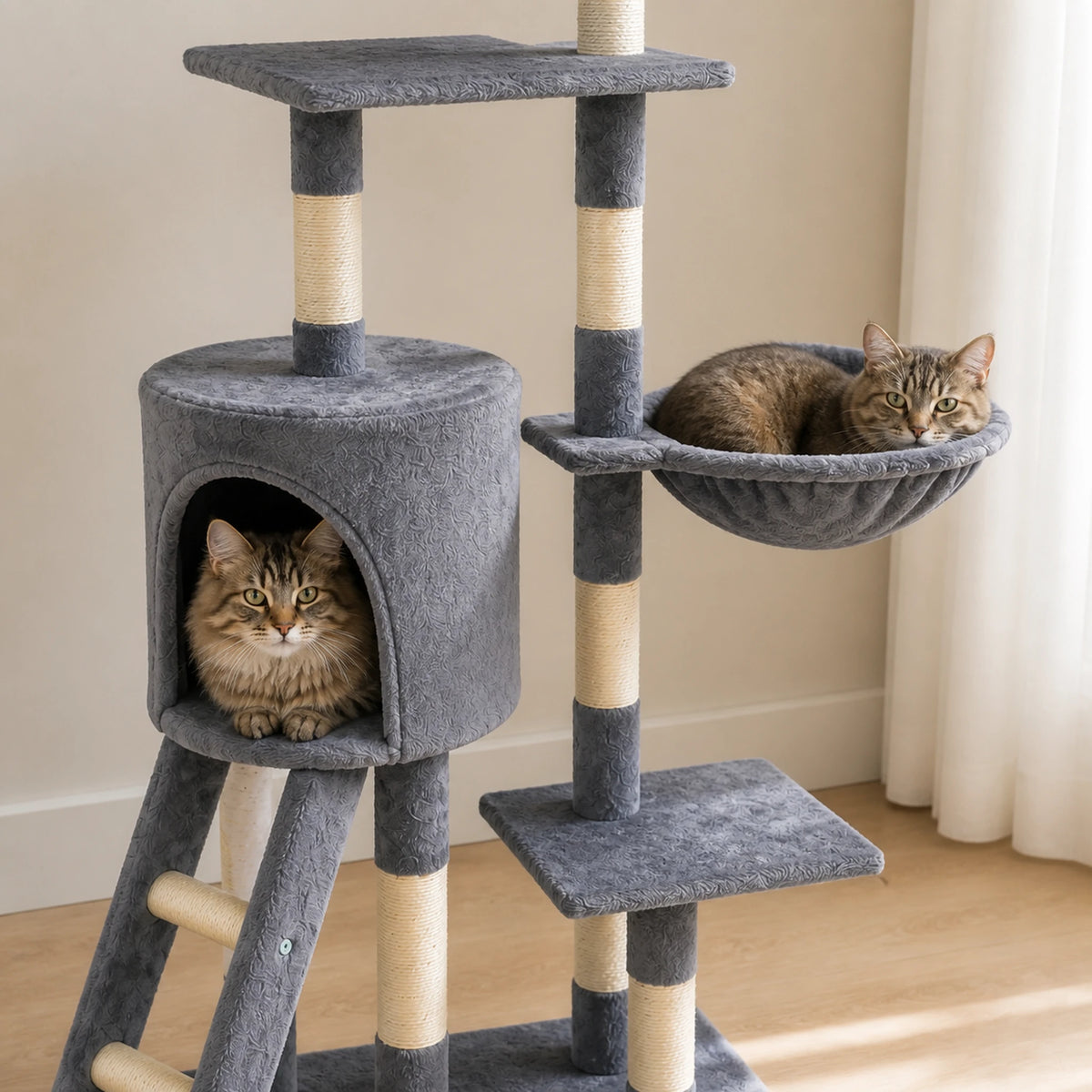 Deux chats installés dans la niche fermée et le hamac du grand arbre à chat gris Cimestria