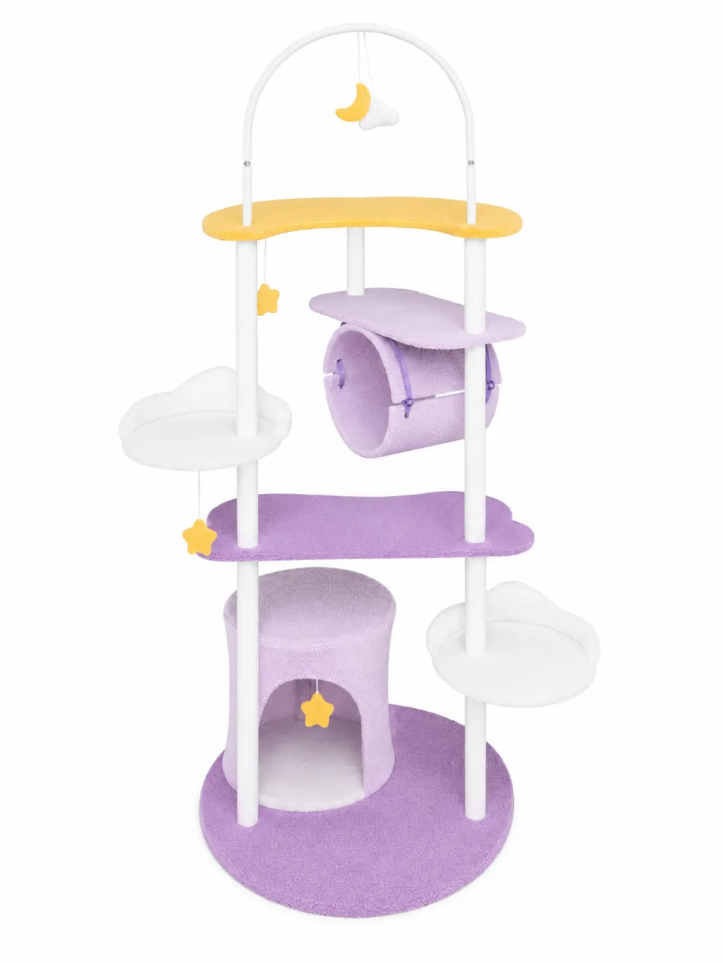 Grand arbre à chat lune violet Lunaria 158 cm avec niche, tunnel et plateformes nuage
