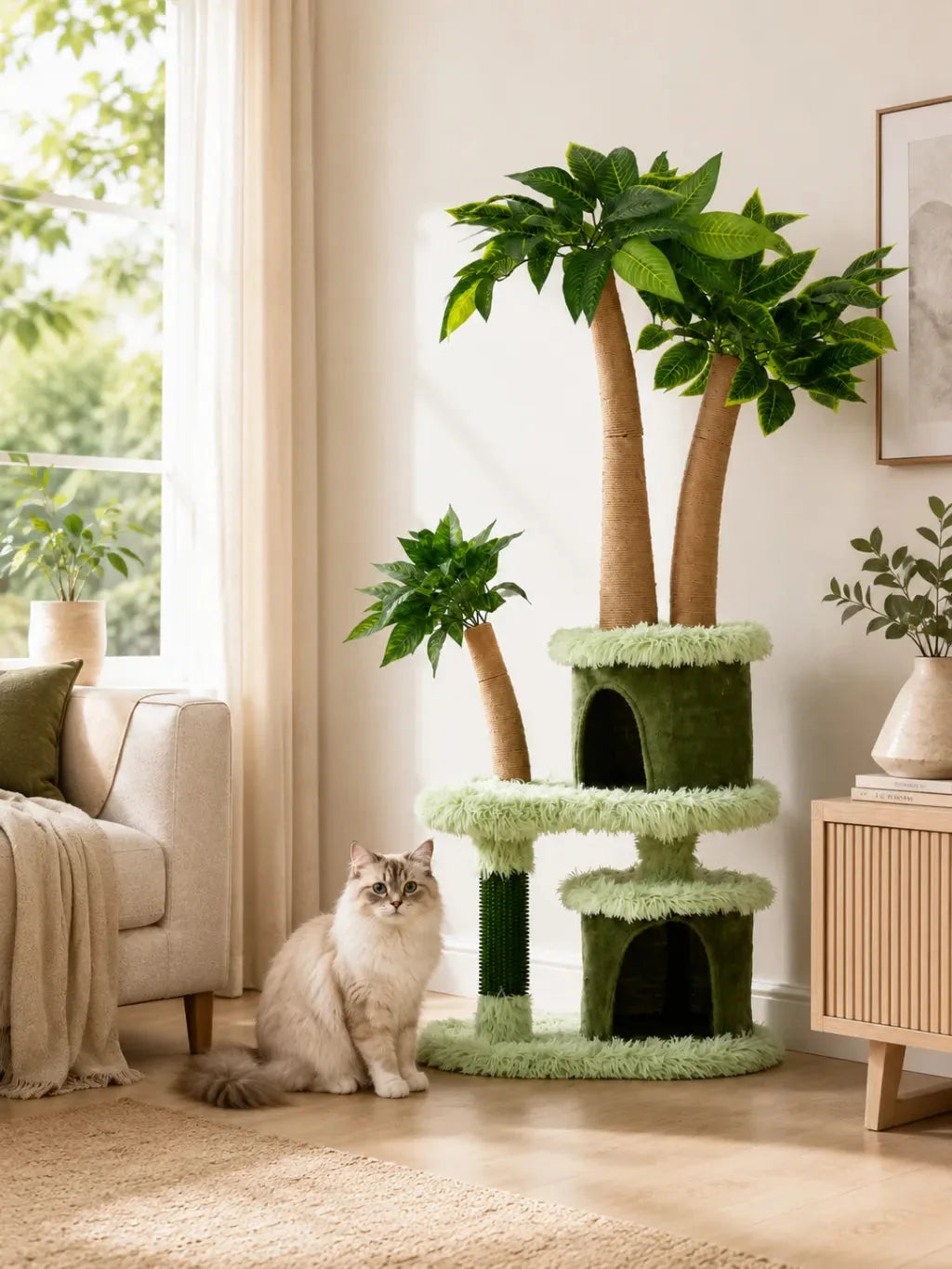 Grand arbre à chat manguier Canoporia installé dans un salon avec deux chats