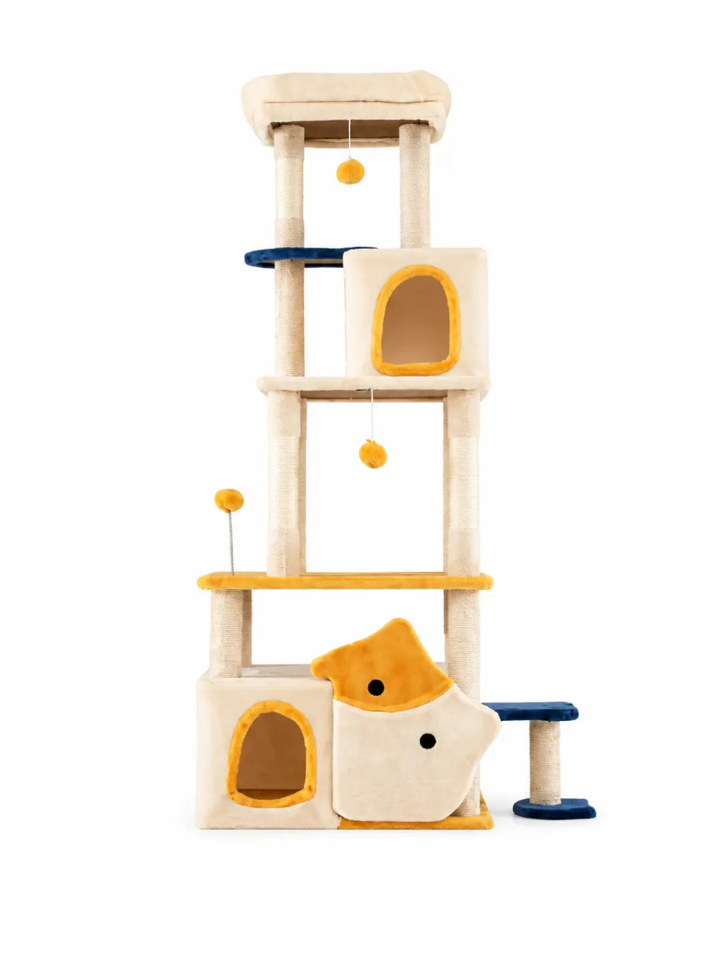 Grand arbre à chat poisson Piscali 159 cm beige avec niches, plateformes et poteaux sisal