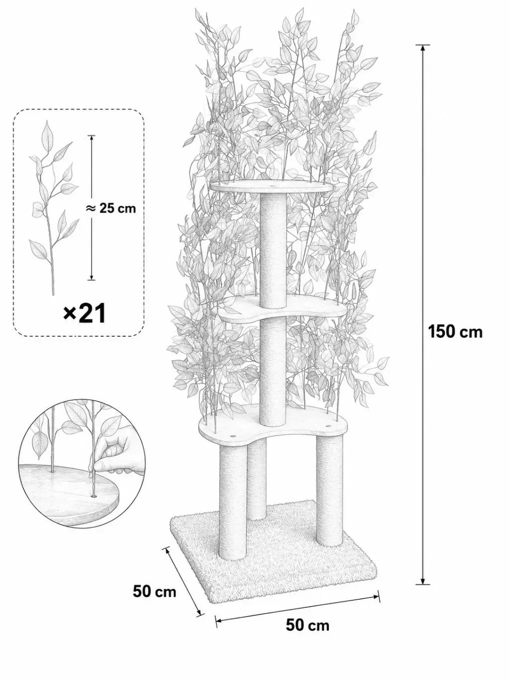 Dimensions du grand arbre à chat vert Arborévia : 50 × 50 × 150 cm avec trois plateformes