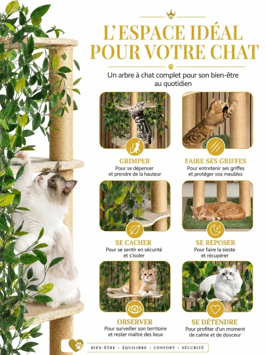 Fonctions pour grimper, griffer et se reposer sur le grand arbre à chat avec feuillage Arborévia