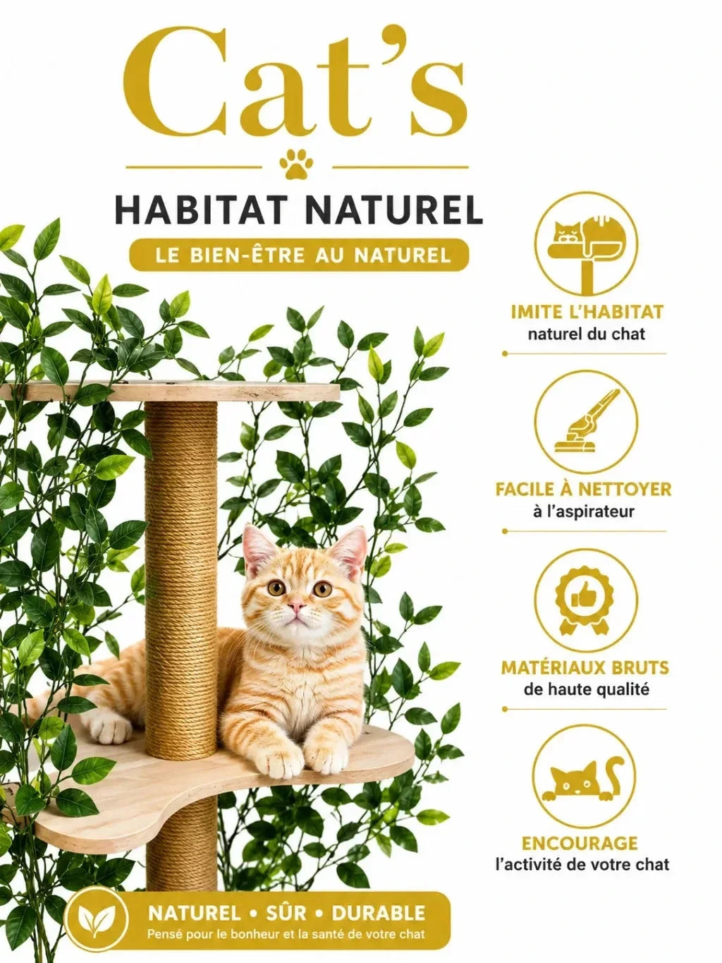Habitat végétal du grand arbre à chat Arborévia avec plateformes en bois, jute et feuillage vert