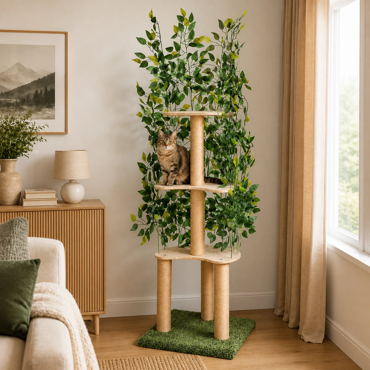 Grand arbre à chat vert Arborévia avec feuillage dans un salon, utilisé par un chat sur une plateforme