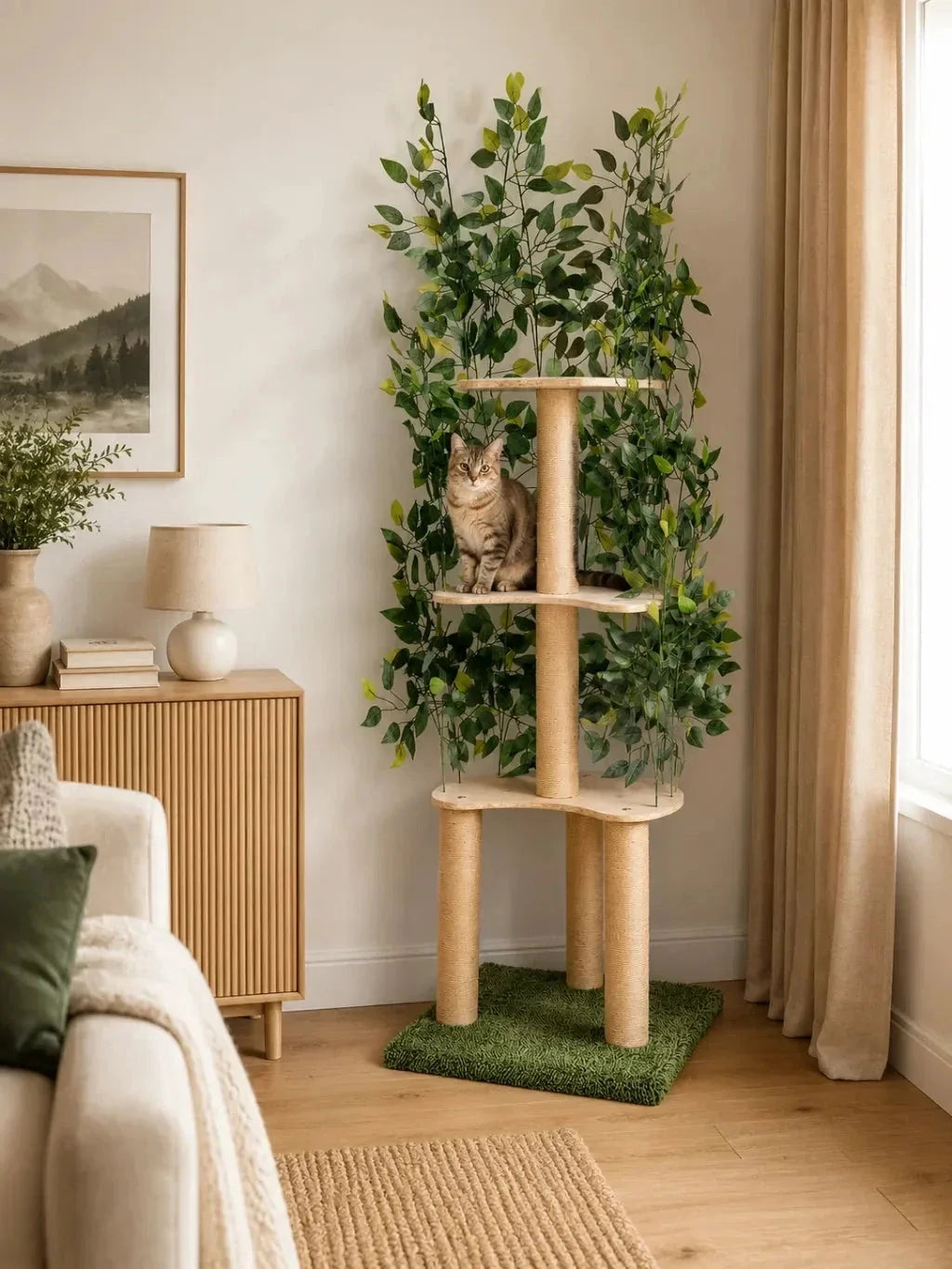 Grand arbre à chat vert Arborévia avec feuillage installé dans un salon lumineux auprès d’un chat