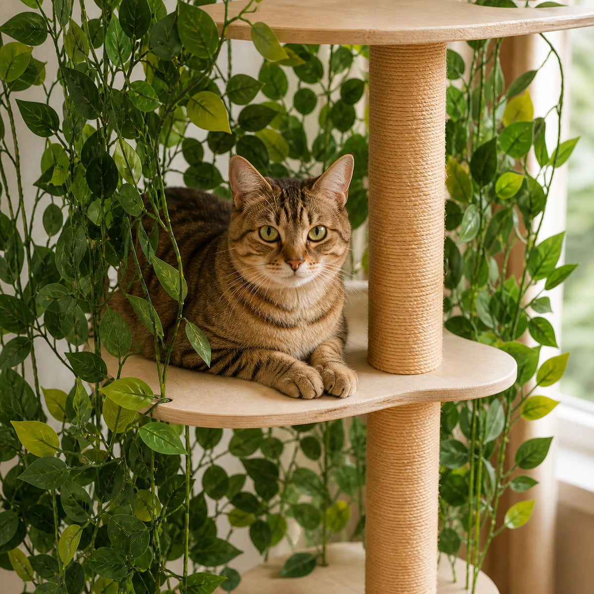Chat installé dans le refuge feuillu du grand arbre à chat vert Arborévia près d’un poteau en jute