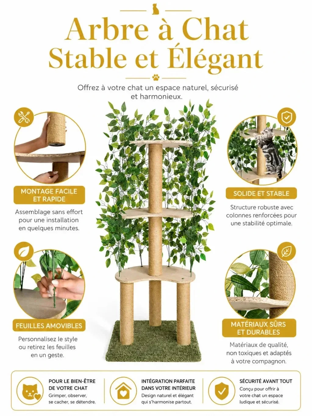 Structure stable et feuillage amovible du grand arbre à chat vert Arborévia avec détails de montage