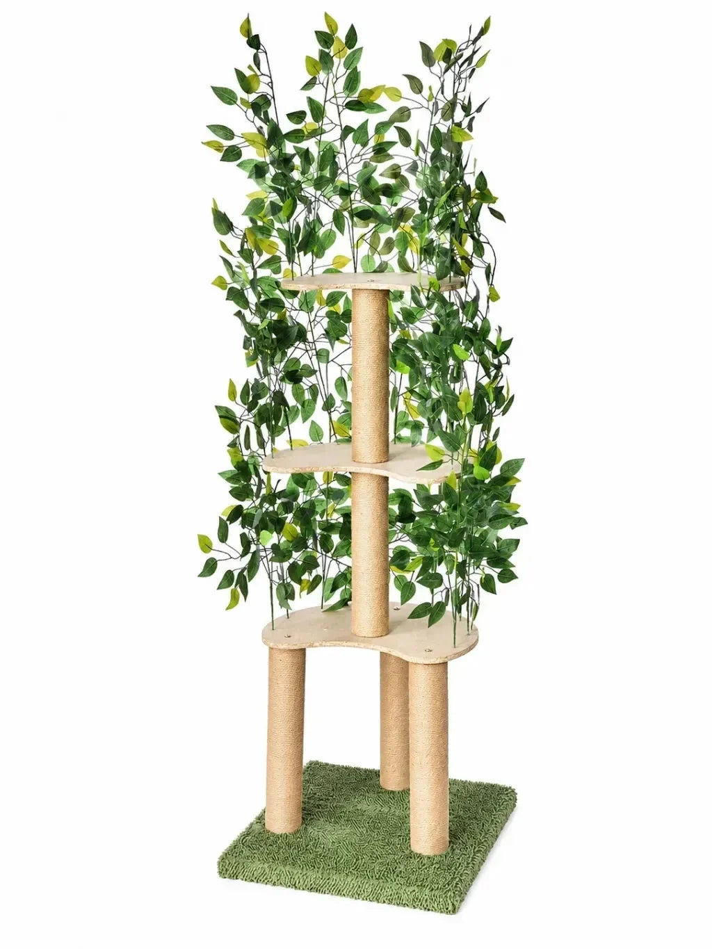 Grand arbre à chat vert Arborévia de 150 cm avec trois plateformes, feuillage amovible et poteaux en jute