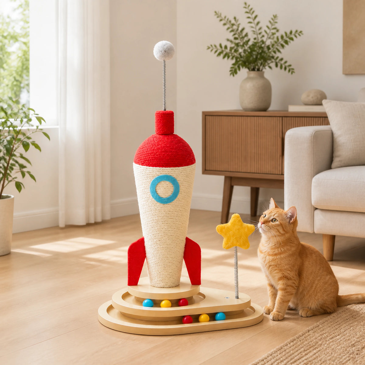 Griffoir chat fusée Astrélia de 63 cm dans un salon avec un chat près de l’étoile sur ressort