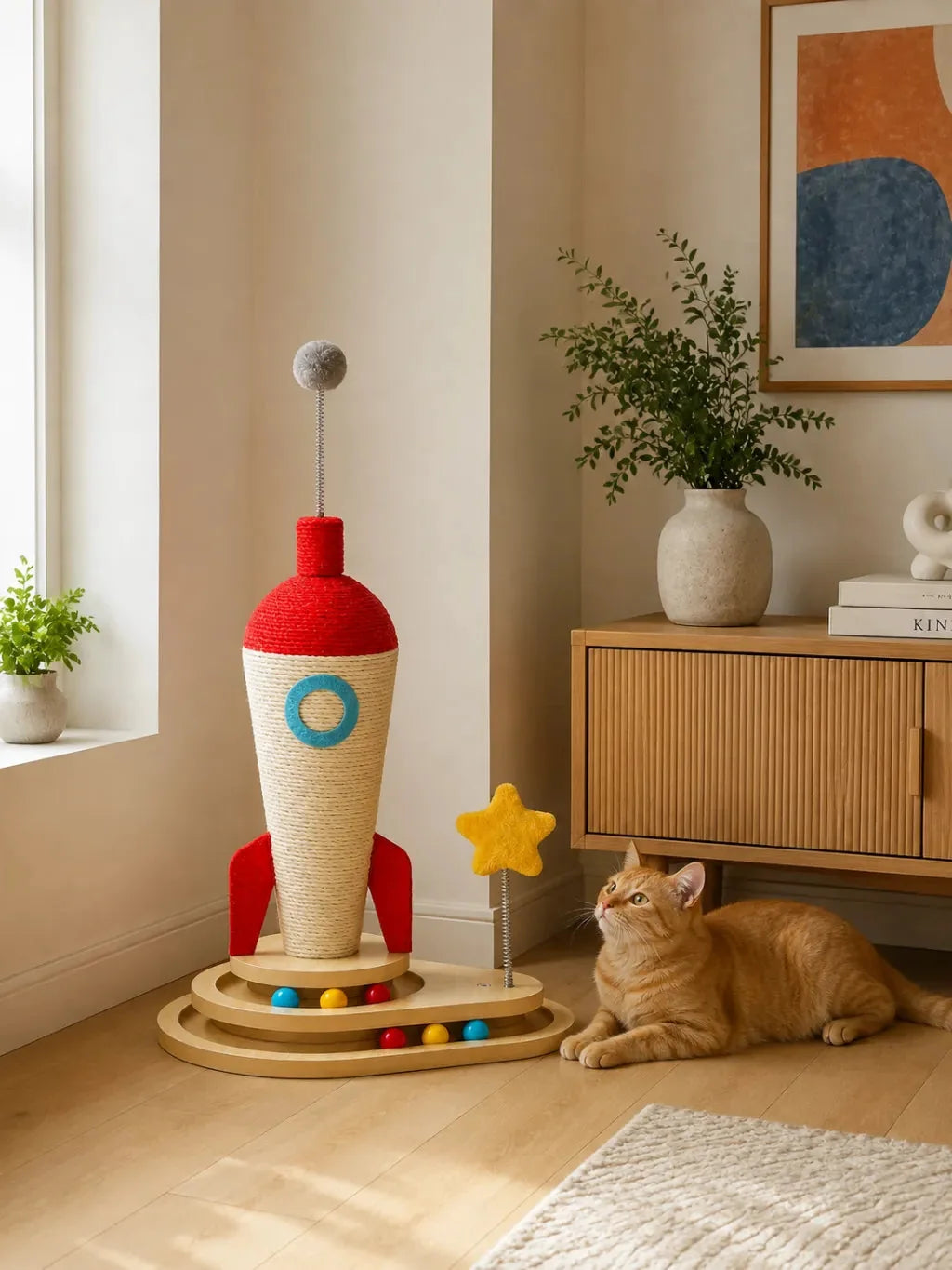 Griffoir chat fusée Astrélia installé dans un salon avec un chat près du double circuit à balles
