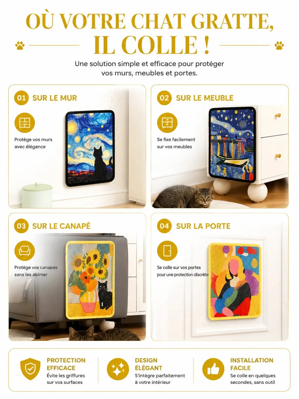 Usages du griffoir géométrique Prisméa sur mur, meuble, canapé et porte