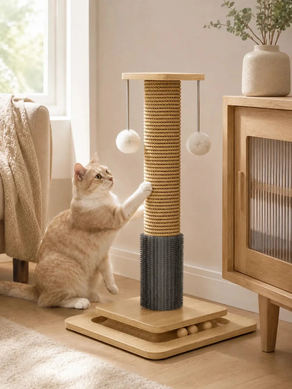 Griffoir pour chat Griffélis en bois et sisal installé dans un salon