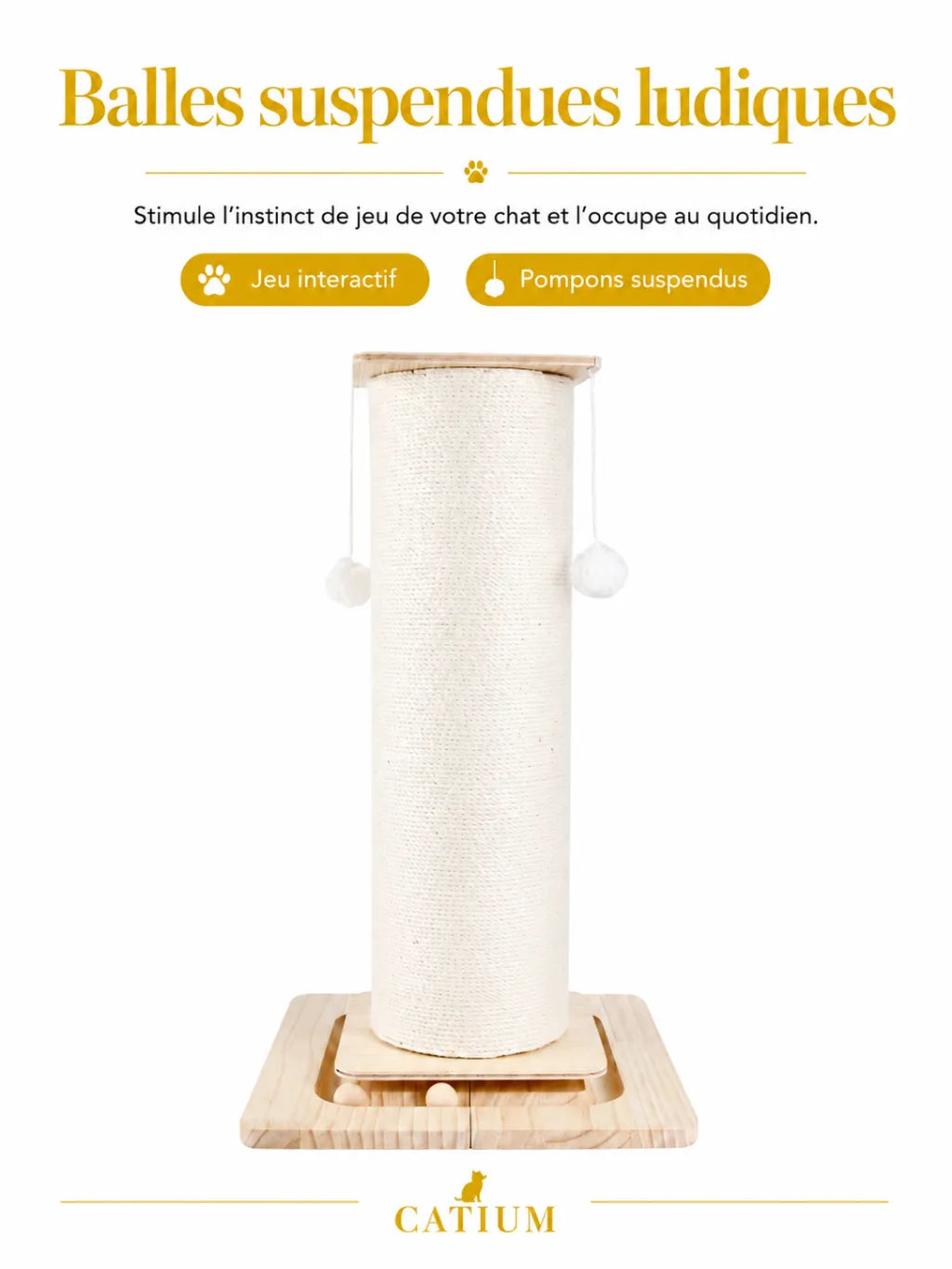 Griffoir chat Lignora avec balles suspendues ludiques et poteau vertical en sisal naturel