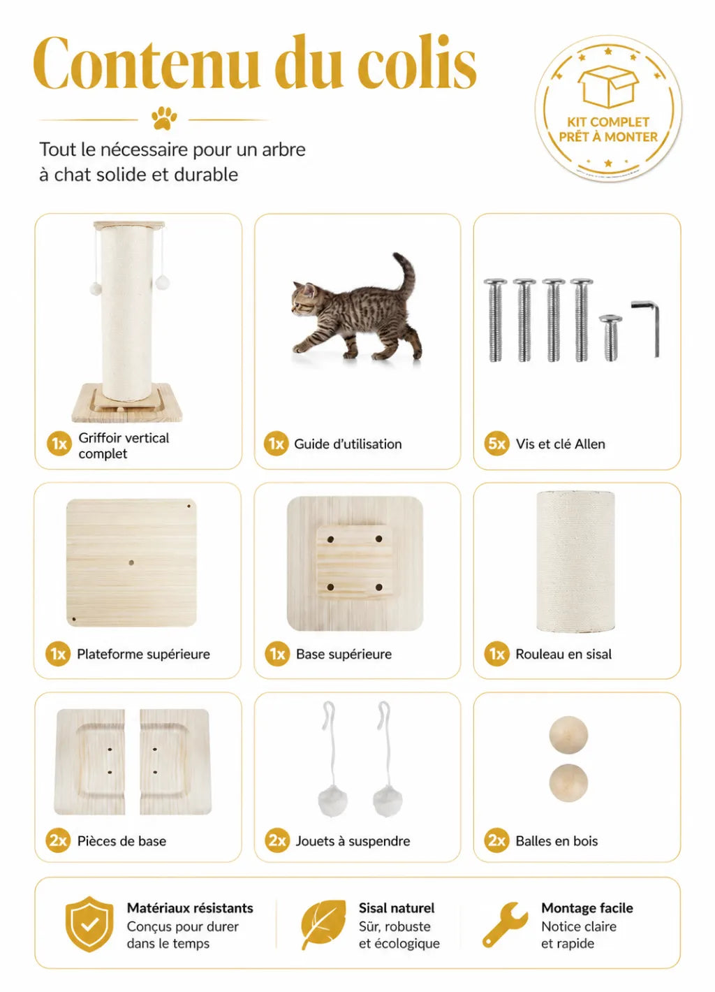 Contenu du colis du griffoir chat Lignora avec poteau en sisal, base en bois, vis, clé Allen et jouets