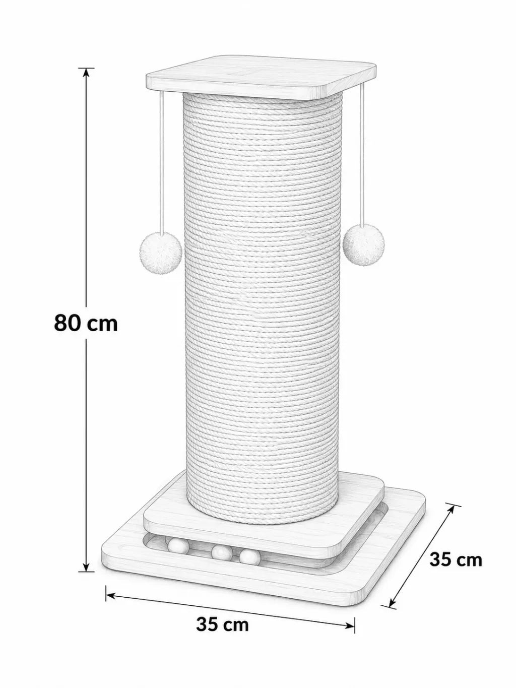 Schéma des dimensions du griffoir chat Lignora 80 cm avec base en bois 35 x 35 cm