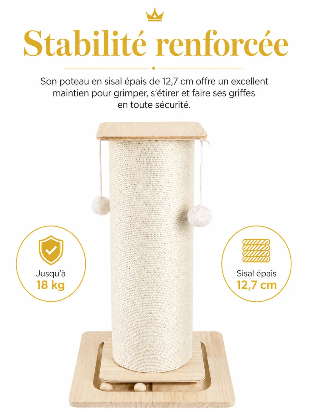 Griffoir chat stable Lignora avec poteau en sisal épais, base en bois et pompons suspendus