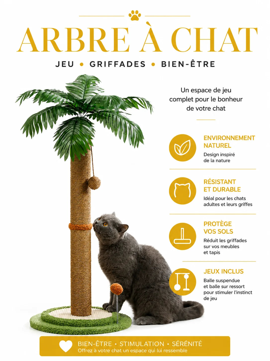 Griffoir chat Palmésia avec feuillage de palmier et tronc en sisal