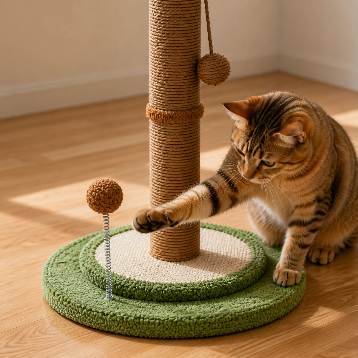Chat jouant avec la balle sur ressort du griffoir Palmésia, près de la base double et du sisal