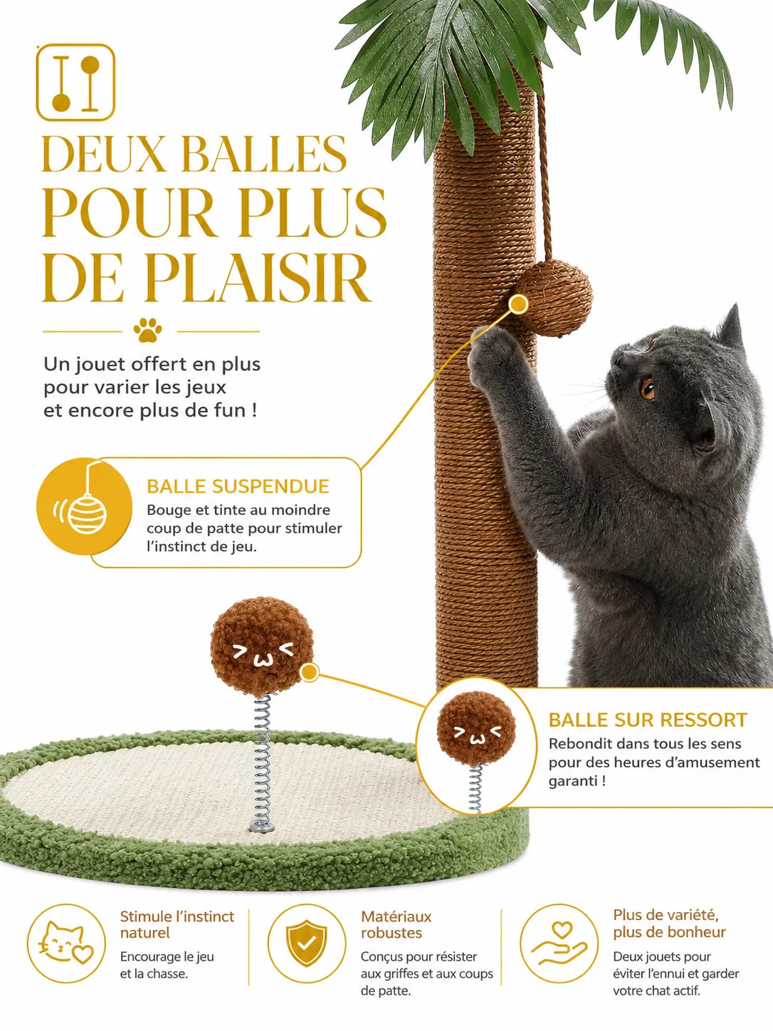 Griffoir Palmésia montrant une balle suspendue et une balle sur ressort pour stimuler le jeu du chat