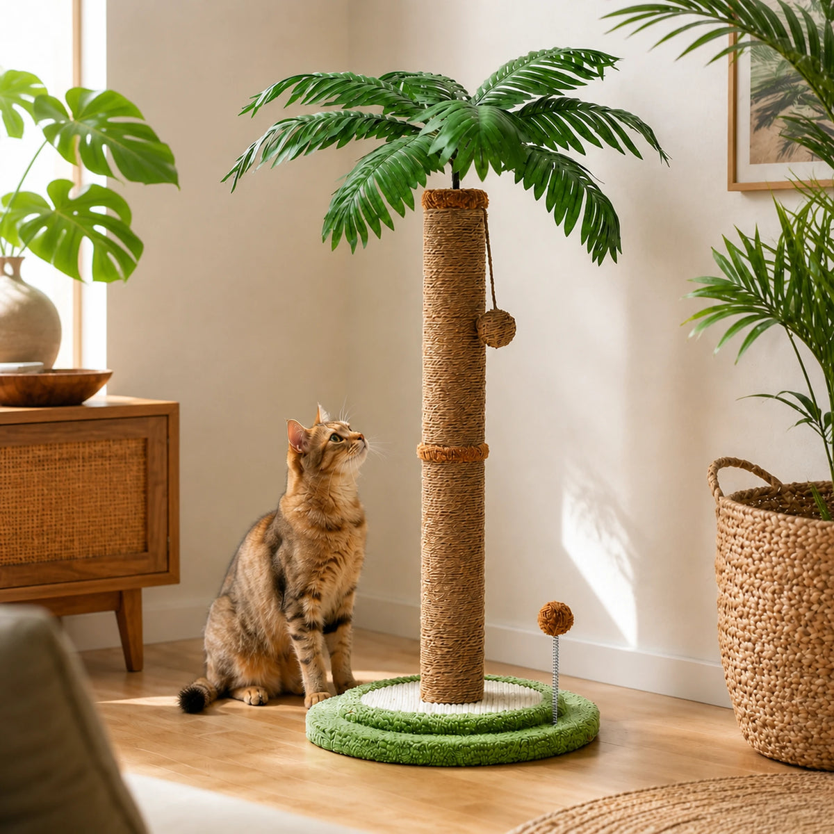 Griffoir chat palmier Palmésia de 85 cm dans un salon avec un chat, tronc en sisal et deux balles