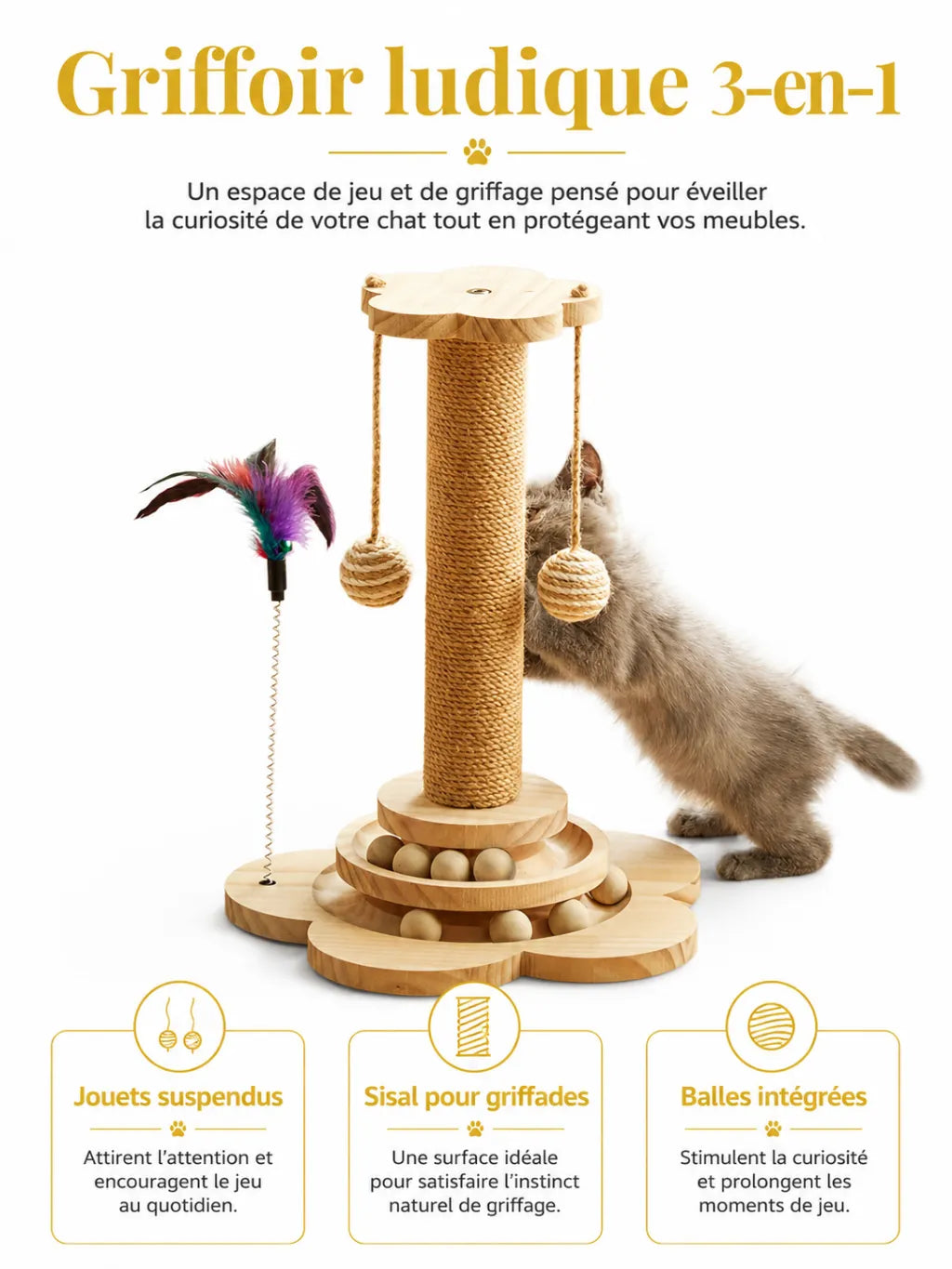 Griffoir ludique 3 en 1 Rondia avec poteau de griffade, balles suspendues et balles intégrées