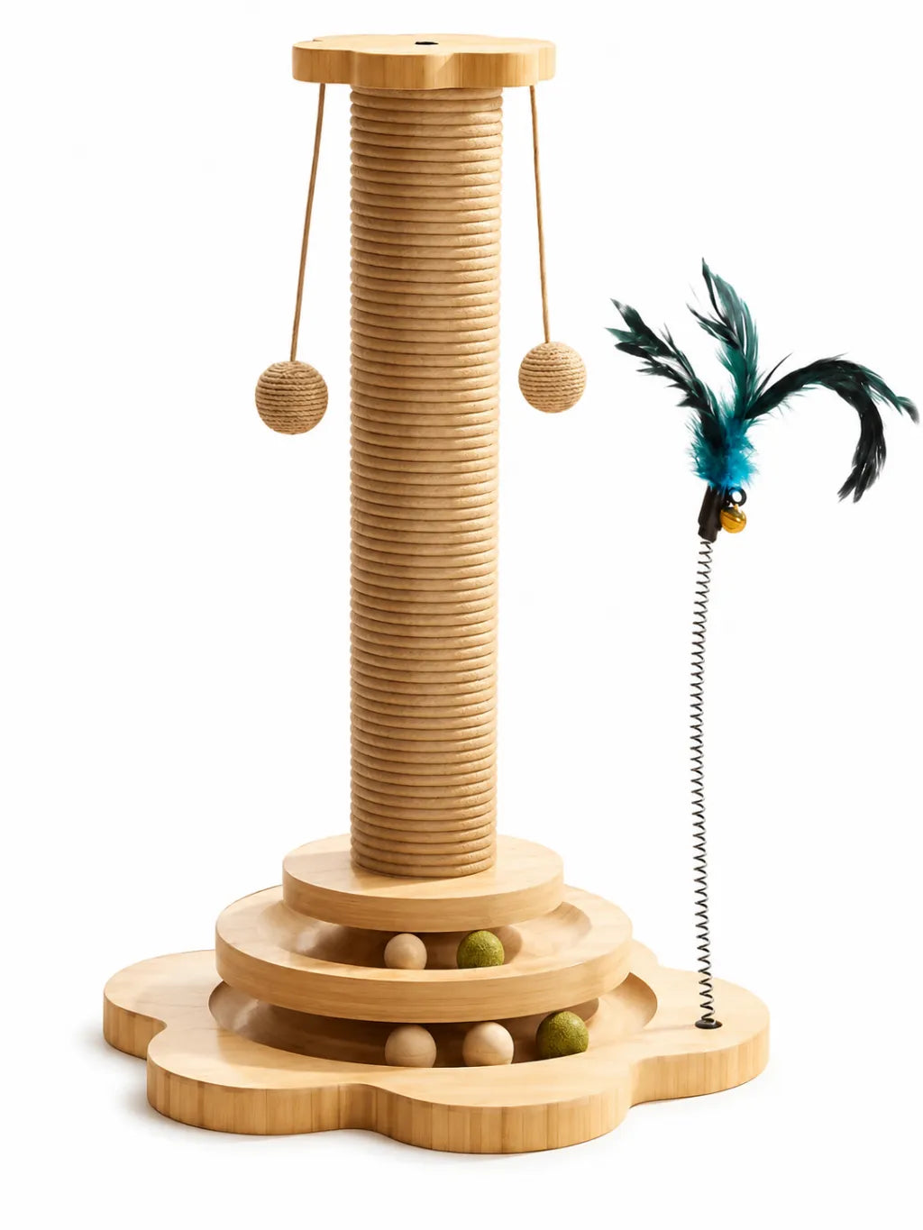 Griffoir chat Rondia en bois naturel 46 cm avec balles intégrées, balles suspendues et jouet à plumes
