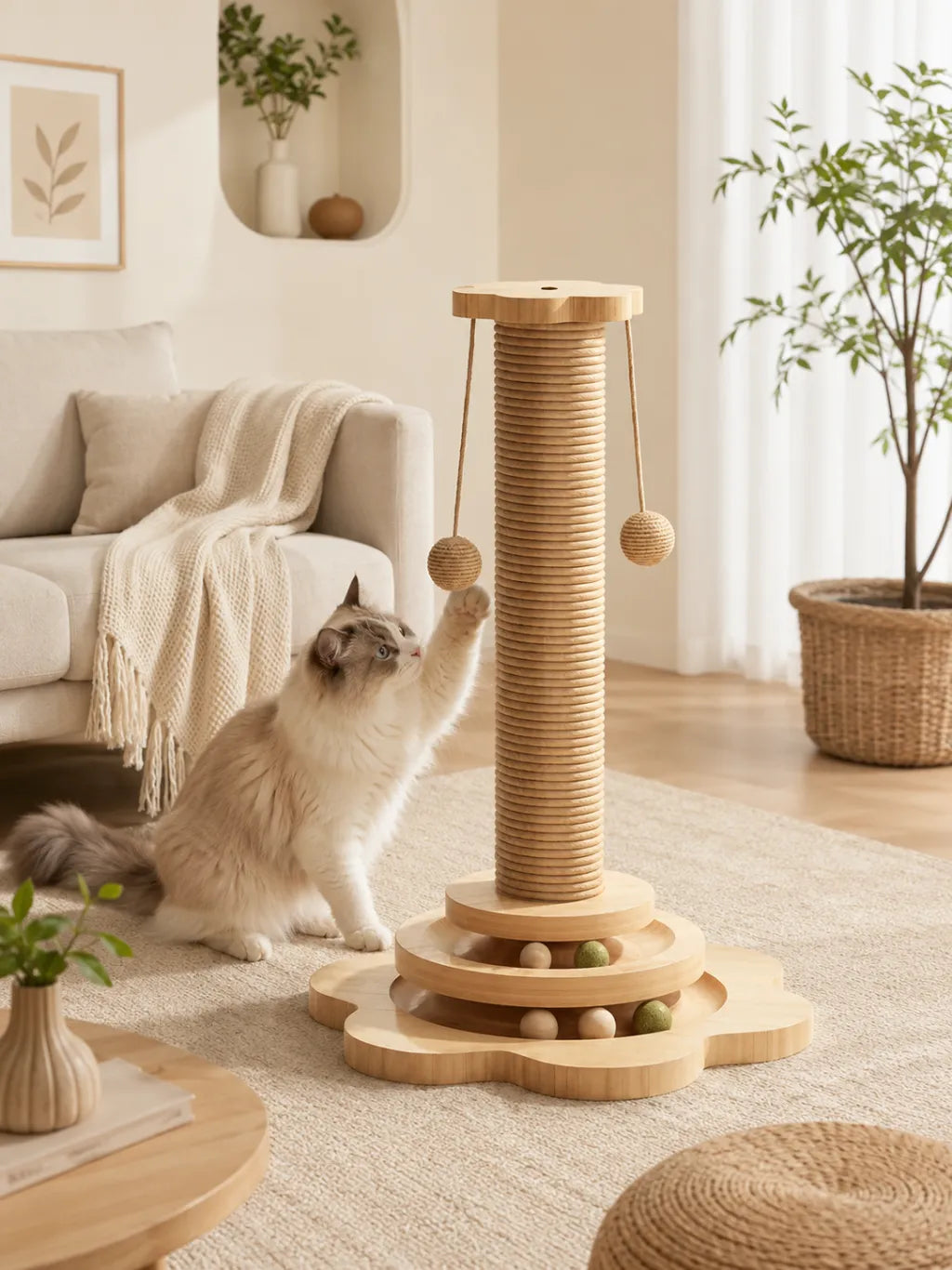Chat jouant avec le griffoir Rondia en bois naturel et balles suspendues dans un salon