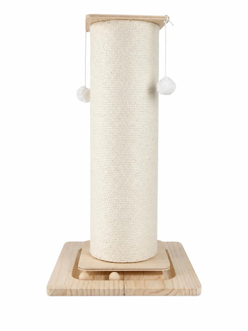 Griffoir chat en sisal naturel 80 cm Lignora avec base en bois et pompons suspendus sur fond blanc
