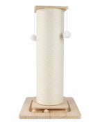 Griffoir chat en sisal naturel 80 cm Lignora avec base en bois et pompons suspendus sur fond blanc