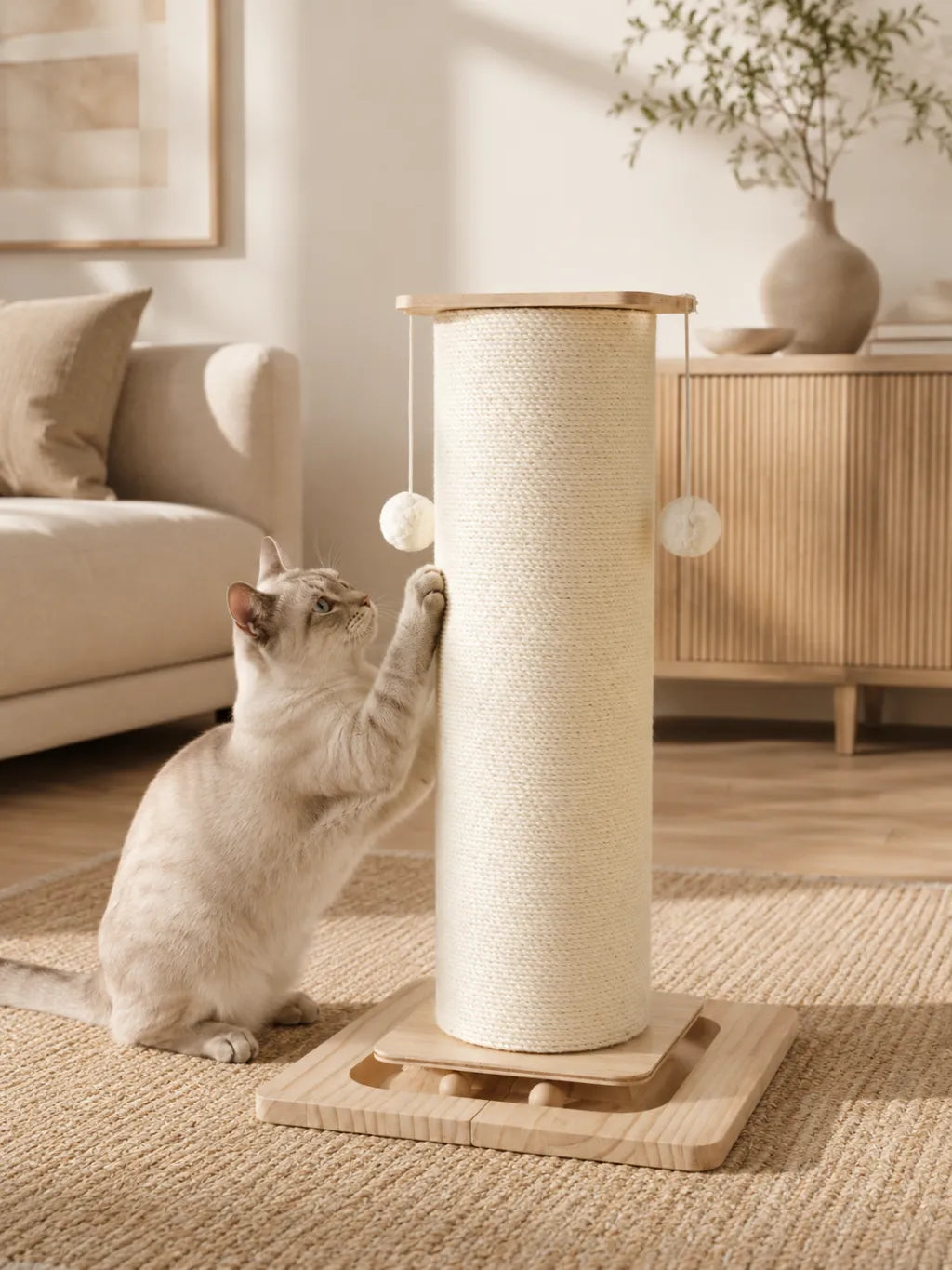 Chat utilisant le griffoir Lignora en sisal naturel 80 cm avec base en bois dans un salon lumineux