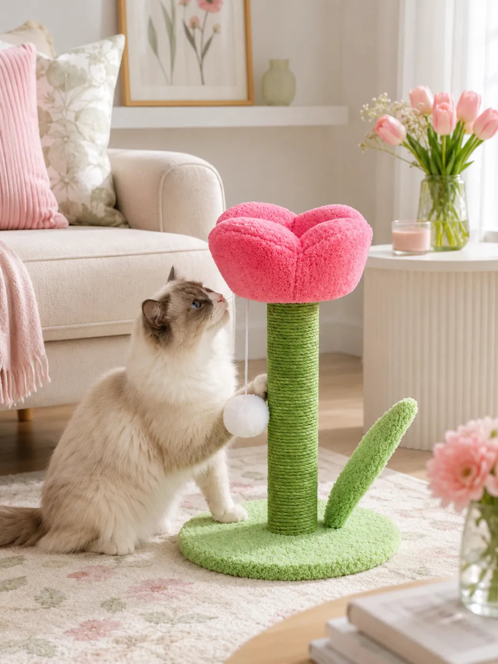 Griffoir tulipe rose Roselia pour chat d’intérieur avec design floral décoratif