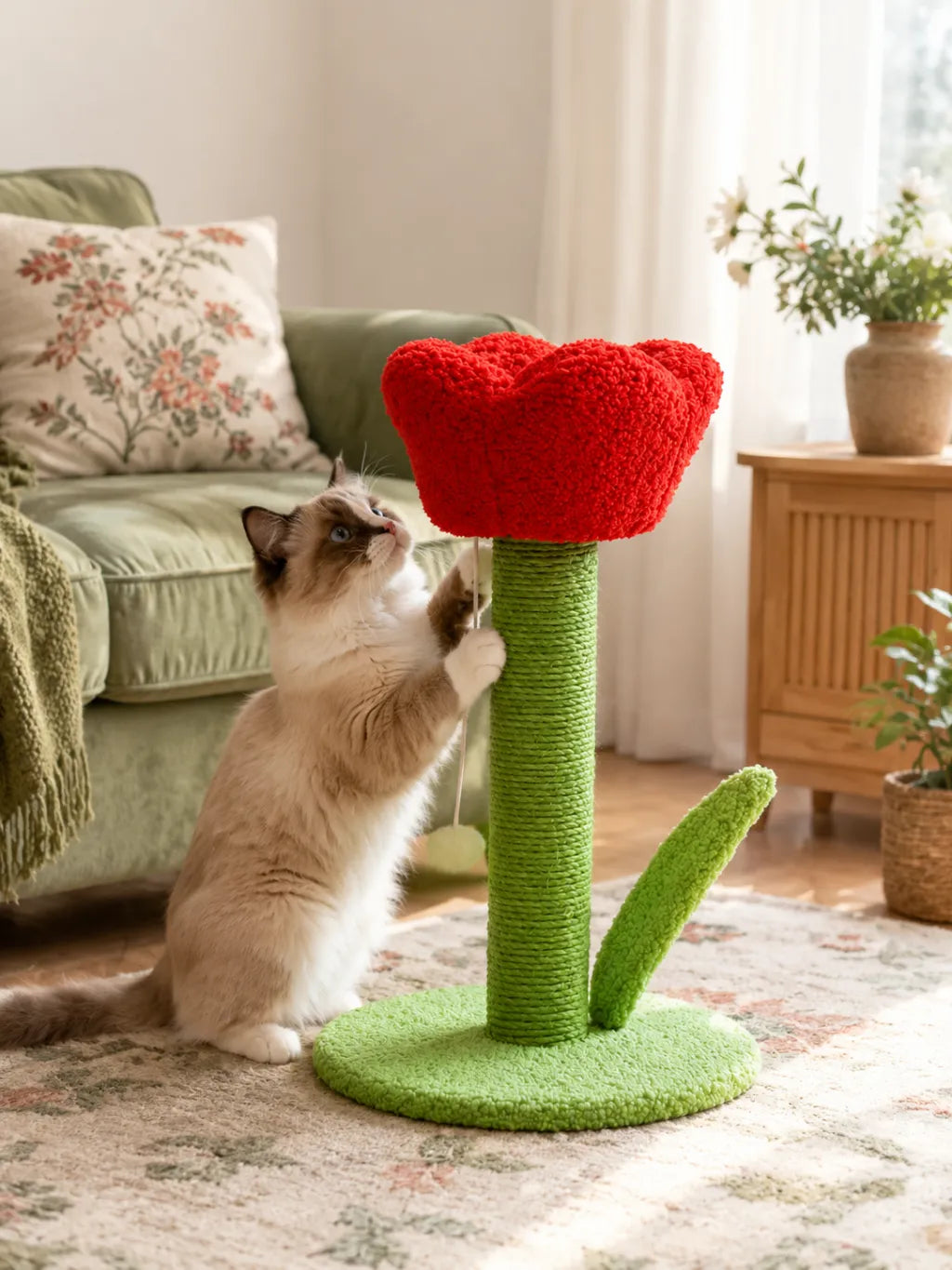 Griffoir tulipe rouge Rubelia pour chat d’intérieur avec design floral décoratif