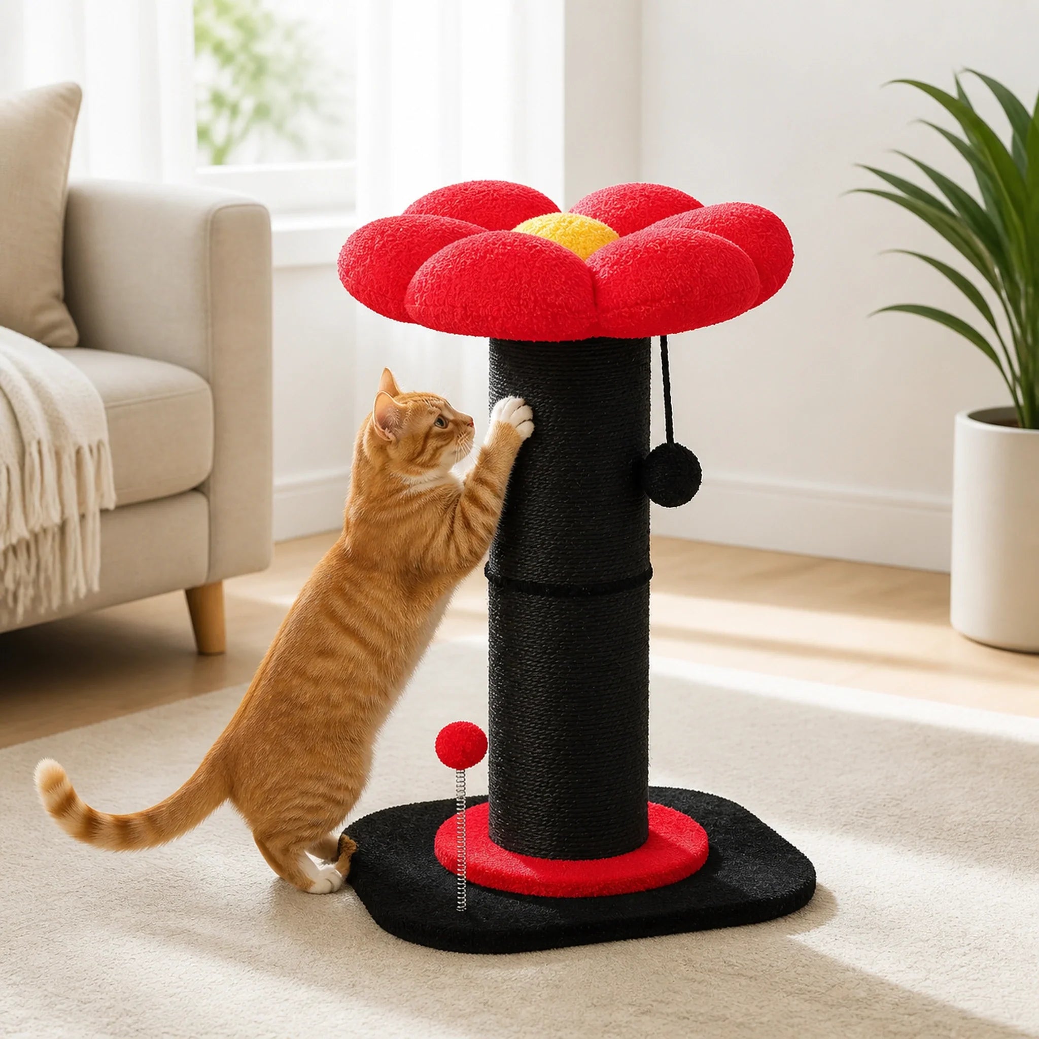 Griffoir fleur pour chat noir et rouge Rubéa dans un salon, réunissant griffade, jeu et couchage compact