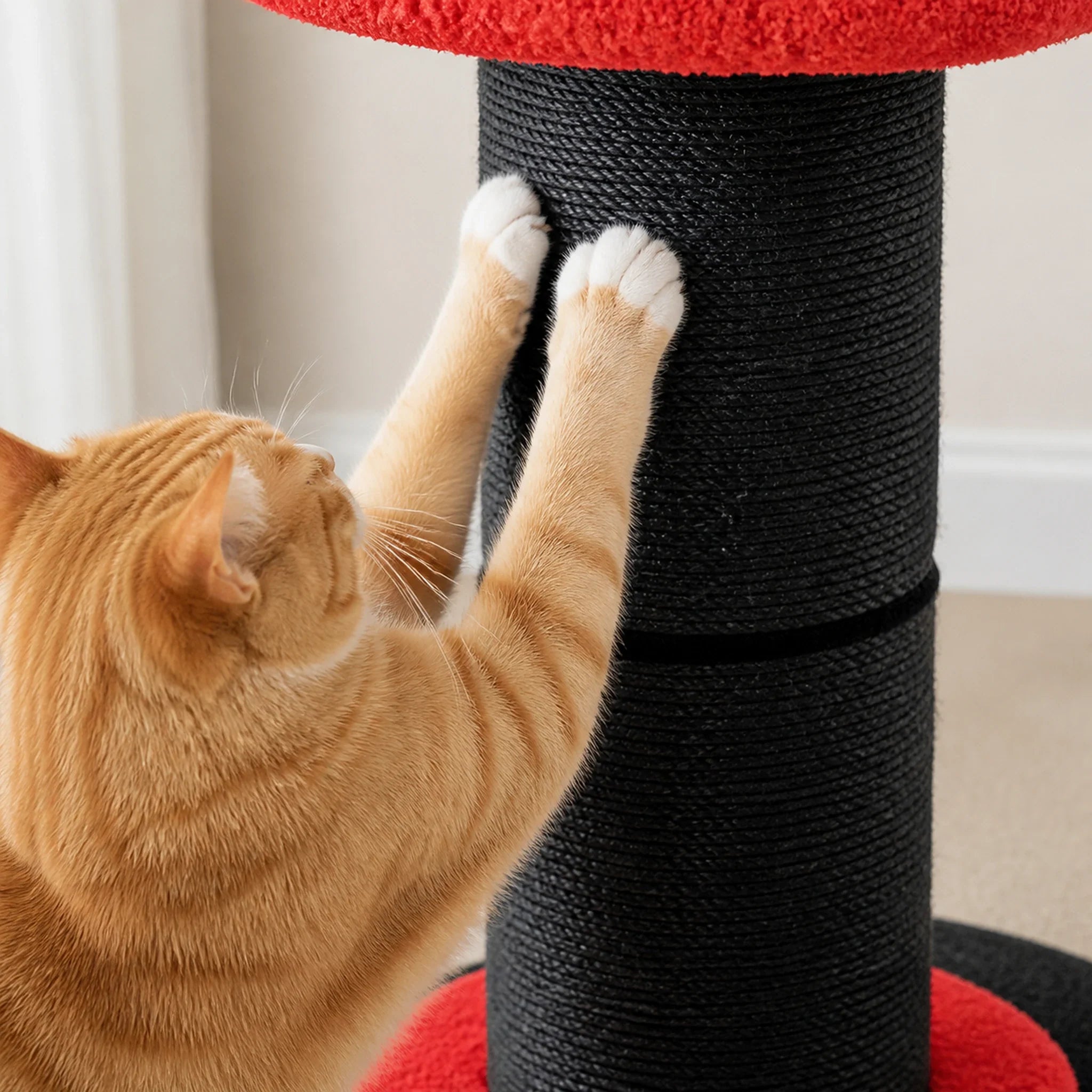 Chat s’étirant sur le double poteau en sisal noir de 14 cm du griffoir fleur Rubéa