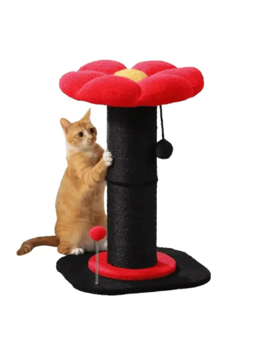 Griffoir fleur pour chat noir et rouge Rubéa avec double poteau en sisal, couchage et deux jouets