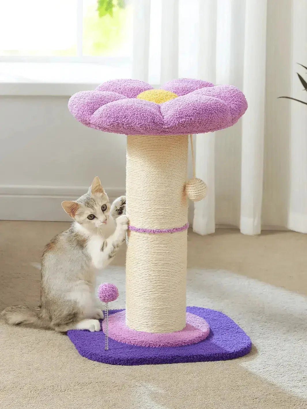 Griffoir fleur pour chat violet Floréa installé dans un salon avec un chat près du double poteau en sisal