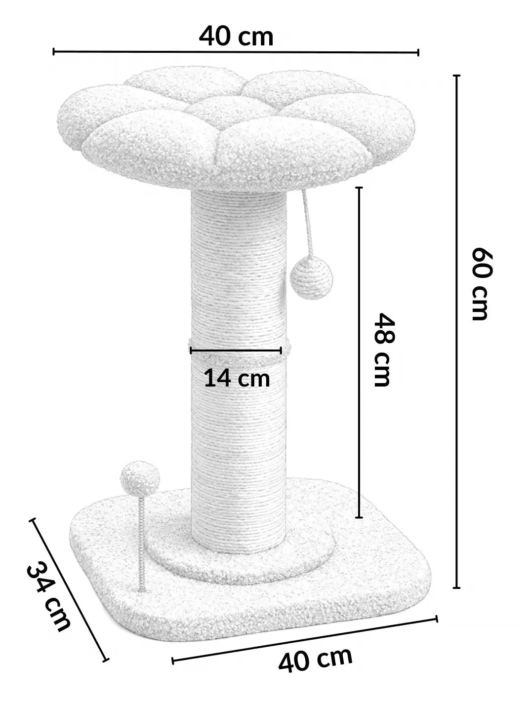 Dimensions du griffoir fleur Floréa : 60 cm de haut, base 40 × 34 cm et fleur de 40 cm