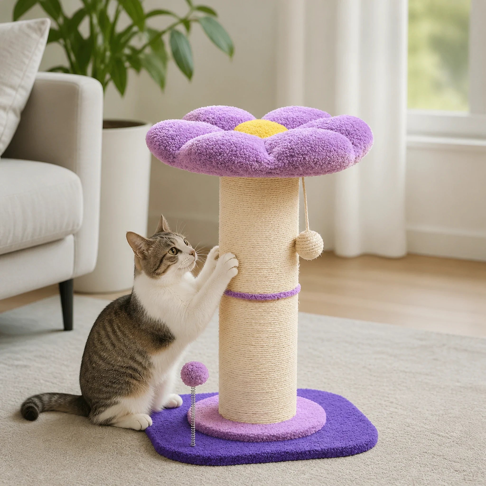 Griffoir fleur violet Floréa dans un salon lumineux, avec sa base compacte et son couchage surélevé