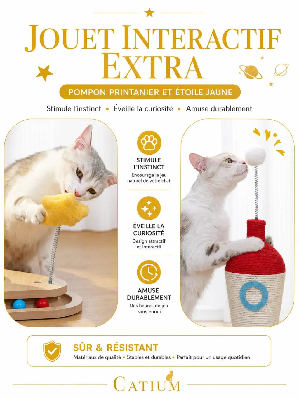 Pompon et étoile sur ressort du griffoir fusée Astrélia