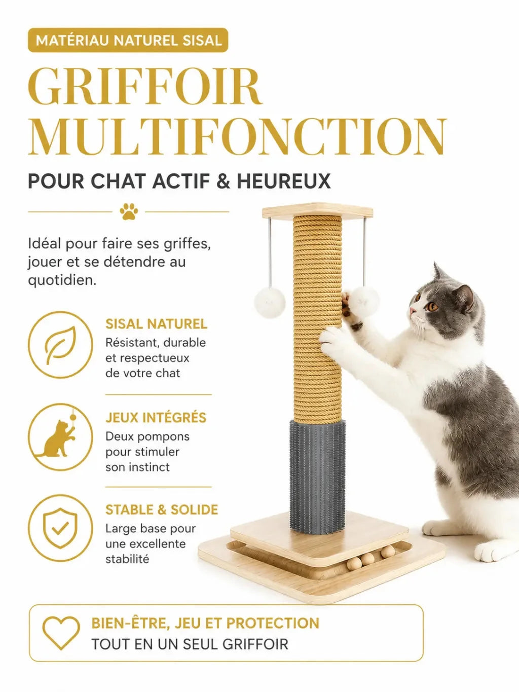 Poteau en sisal et deux pompons du griffoir multifonction Griffélis