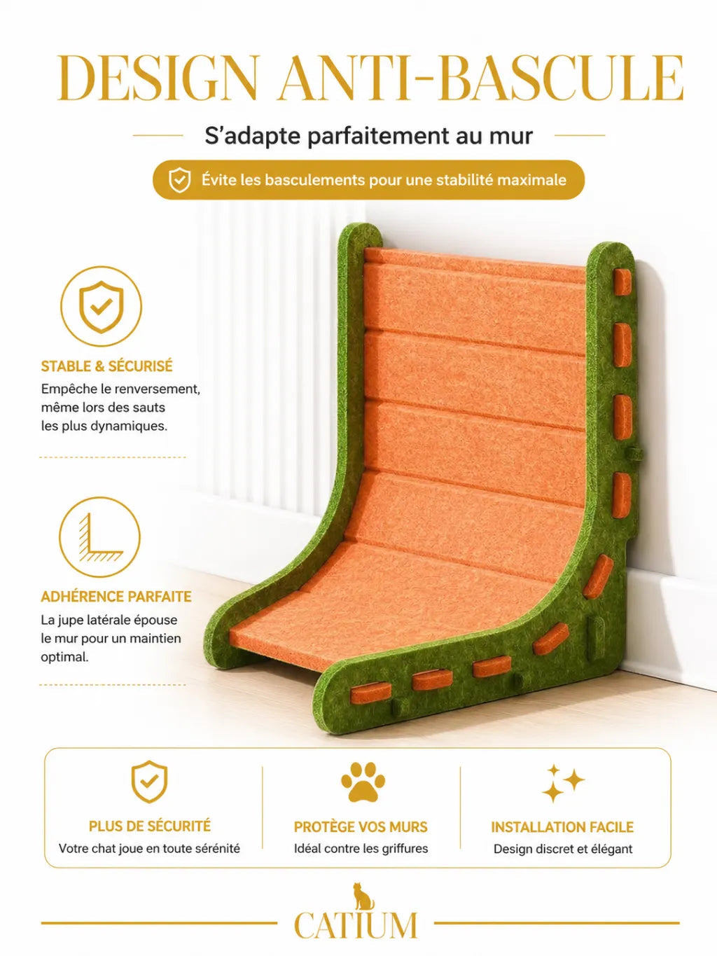 Design anti-bascule du griffoir mural chat Murfelys contre le mur