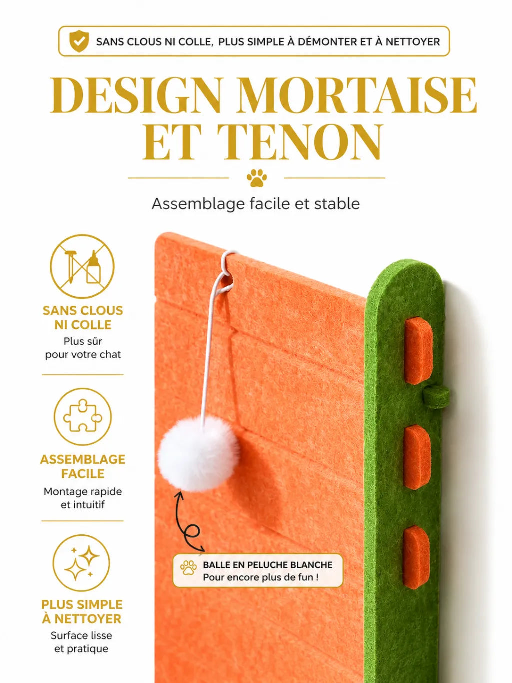 Assemblage tenon mortaise du griffoir mural chat orange et vert Murfelys
